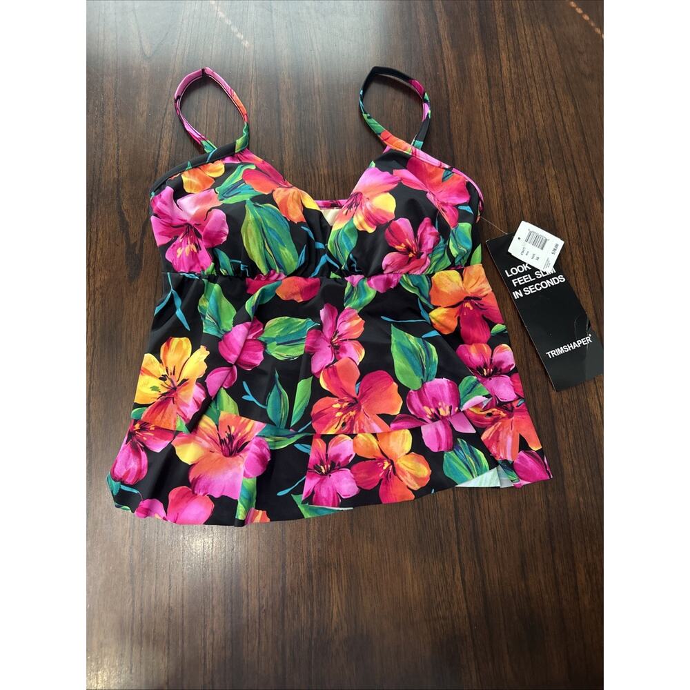 Trimshaper 478477 Luau Rylee Ruffle Tankini Swim Top Tropical Sz 16 Padded